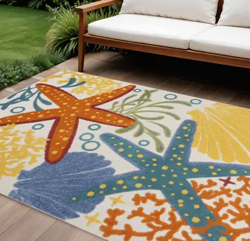 7' X 10' Blue Yellow And Orange Starfish Indoor Outdoor Area Rug