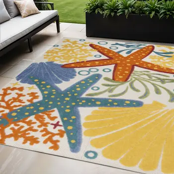 5' X 8' Blue Yellow And Orange Starfish Indoor Outdoor Area Rug
