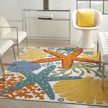 5' X 8' Blue Yellow And Orange Starfish Indoor Outdoor Area Rug