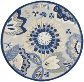 4' Blue And Gray Round Floral Indoor Outdoor Area Rug