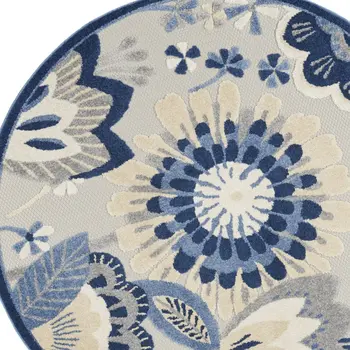 4' Blue And Gray Round Floral Indoor Outdoor Area Rug