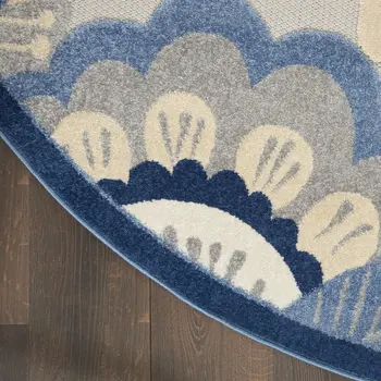 4' Blue And Gray Round Floral Indoor Outdoor Area Rug
