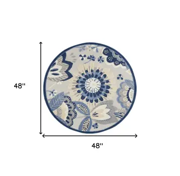 4' Blue And Gray Round Floral Indoor Outdoor Area Rug