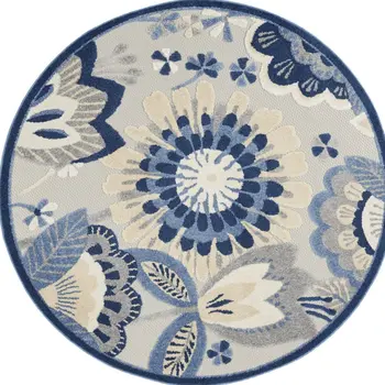 5' Blue And Gray Round Floral Indoor Outdoor Area Rug