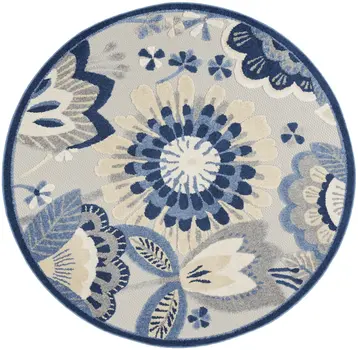 5' Blue And Gray Round Floral Indoor Outdoor Area Rug