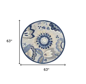 5' Blue And Gray Round Floral Indoor Outdoor Area Rug
