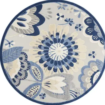 8' Blue And Gray Round Floral Indoor Outdoor Area Rug