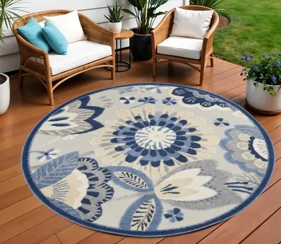 8' Blue And Gray Round Floral Indoor Outdoor Area Rug