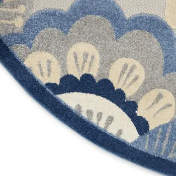 8' Blue And Gray Round Floral Indoor Outdoor Area Rug
