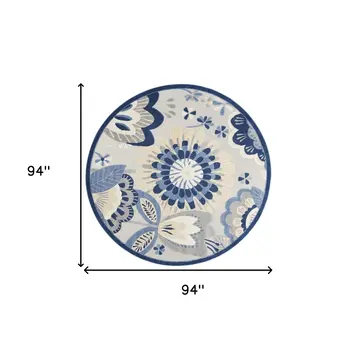 8' Blue And Gray Round Floral Indoor Outdoor Area Rug