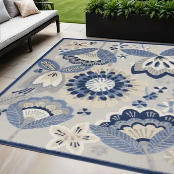 5' X 8' Blue And Gray Floral Indoor Outdoor Area Rug