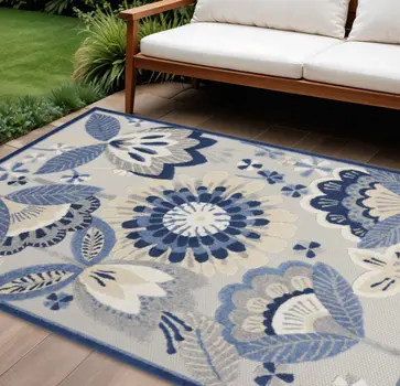 7' X 10' Blue And Gray Floral Indoor Outdoor Area Rug