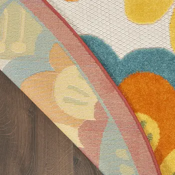 4' Ivory Blue Orange Red And Yellow Round Floral Indoor Outdoor Area Rug