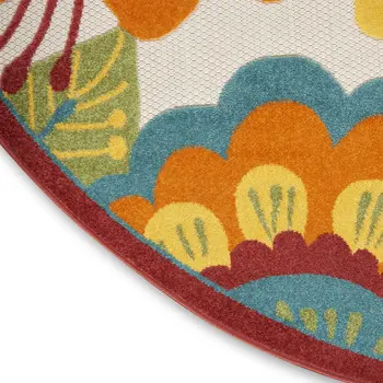 4' Ivory Blue Orange Red And Yellow Round Floral Indoor Outdoor Area Rug