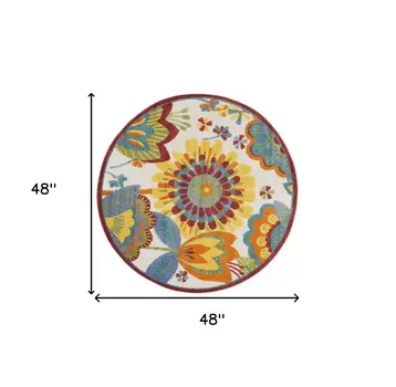 4' Ivory Blue Orange Red And Yellow Round Floral Indoor Outdoor Area Rug