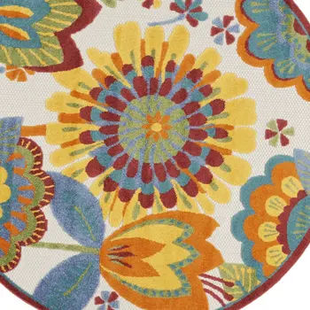 5' Ivory Blue Orange Red And Yellow Round Floral Indoor Outdoor Area Rug