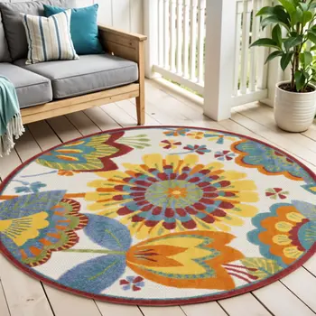 5' Ivory Blue Orange Red And Yellow Round Floral Indoor Outdoor Area Rug