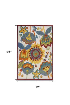 6' X 9' Ivory Blue Orange Red And Yellow Floral Indoor Outdoor Area Rug