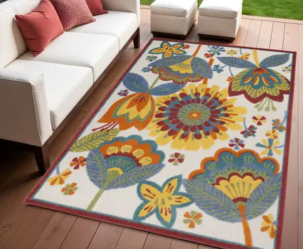 4' X 6' Ivory Blue Orange Red And Yellow Floral Indoor Outdoor Area Rug