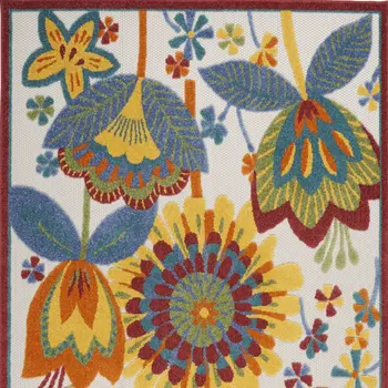 5' X 8' Ivory Blue Orange Red And Yellow Floral Indoor Outdoor Area Rug