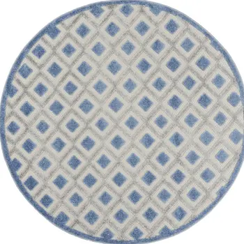 4' Blue And Gray Round Geometric Indoor Outdoor Area Rug