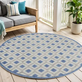 4' Blue And Gray Round Geometric Indoor Outdoor Area Rug