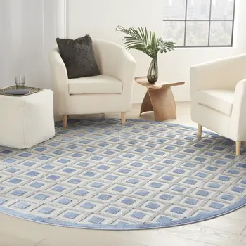 8' Blue And Gray Round Geometric Indoor Outdoor Area Rug