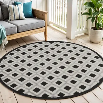 4' Black And White Round Geometric Indoor Outdoor Area Rug