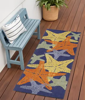 6' Blue Yellow And Orange Starfish Indoor Outdoor Runner Rug