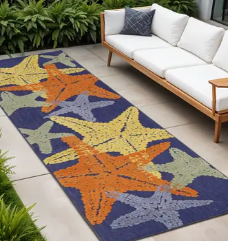 8' Blue Yellow And Orange Starfish Indoor Outdoor Runner Rug