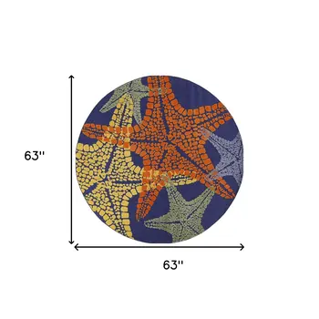 5' Blue Yellow And Orange Round Starfish Indoor Outdoor Area Rug