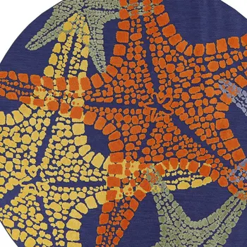 5' Blue Yellow And Orange Round Starfish Indoor Outdoor Area Rug