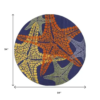 8' Blue Yellow And Orange Round Starfish Indoor Outdoor Area Rug