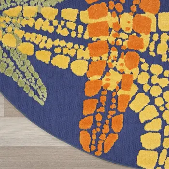 8' Blue Yellow And Orange Round Starfish Indoor Outdoor Area Rug