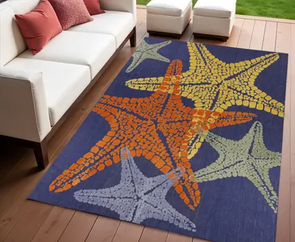 4' X 6' Blue Yellow And Orange Starfish Indoor Outdoor Area Rug