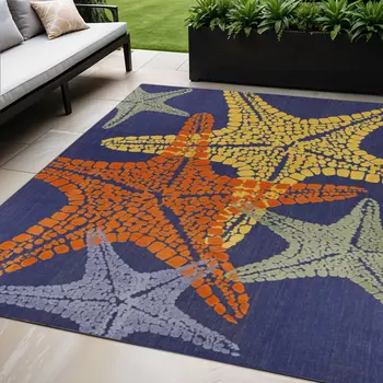5' X 8' Blue Yellow And Orange Starfish Indoor Outdoor Area Rug