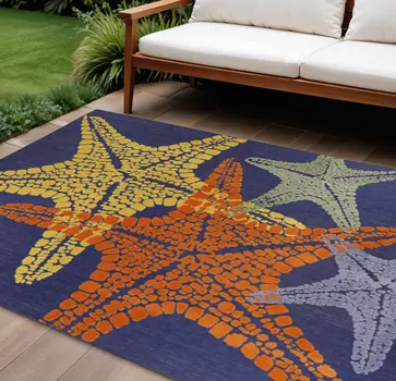 8' X 11' Blue Yellow And Orange Starfish Indoor Outdoor Area Rug