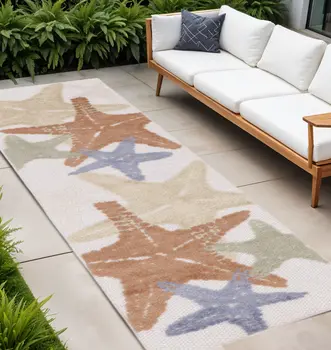 8' Ivory Yellow Orange And Green Starfish Indoor Outdoor Runner Rug
