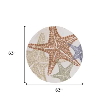 5' Ivory Yellow Orange And Green Round Starfish Indoor Outdoor Area Rug