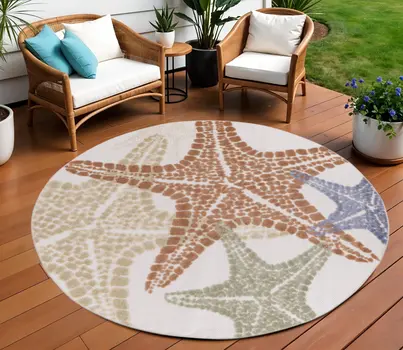 8' Ivory Yellow Orange And Green Round Starfish Indoor Outdoor Area Rug