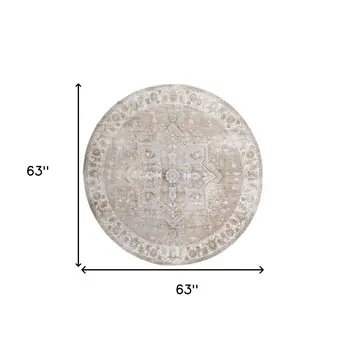 5' Beige and Ivory Round Floral Medallion Power Loom Washable Area Rug