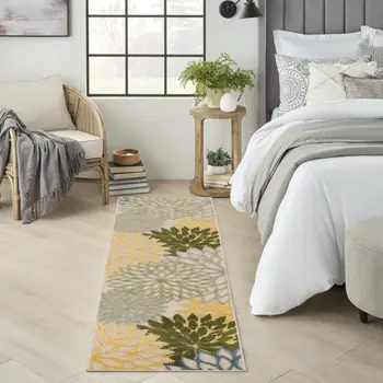 6' Dark Green Yellow And Blue Floral Indoor Outdoor Runner Rug