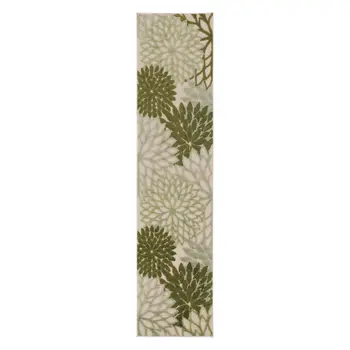 6' Ivory And Green Floral Indoor Outdoor Runner Rug