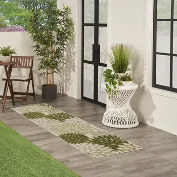 6' Ivory And Green Floral Indoor Outdoor Runner Rug