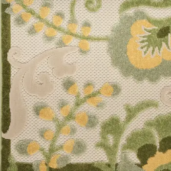 6' Ivory And Green Floral Indoor Outdoor Runner Rug