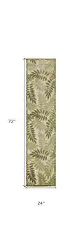 6' Ivory And Green Palm Leaf Indoor Outdoor Runner Rug