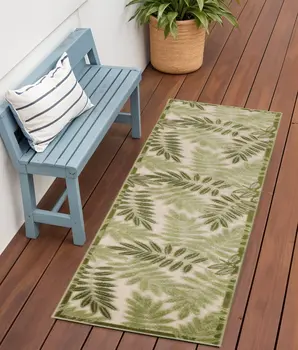6' Ivory And Green Palm Leaf Indoor Outdoor Runner Rug