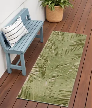 6' Ivory And Green Palm Leaf Indoor Outdoor Runner Rug