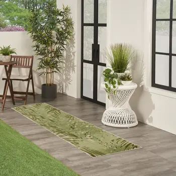 6' Ivory And Green Palm Leaf Indoor Outdoor Runner Rug