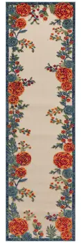 6' Ivory Blue And Orange Floral Indoor Outdoor Runner Rug
